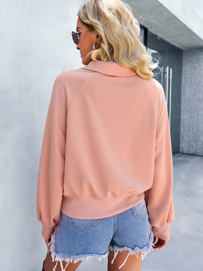 Quarter-Snap Collared Raglan Sleeve Sweatshirt-Teresa&#39;s Fashionista LLC