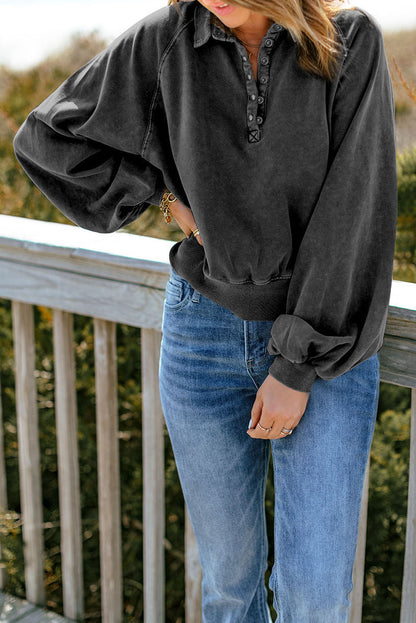 Quarter-Snap Collared Lantern Sleeve Sweatshirt-Teresa&#39;s Fashionista LLC