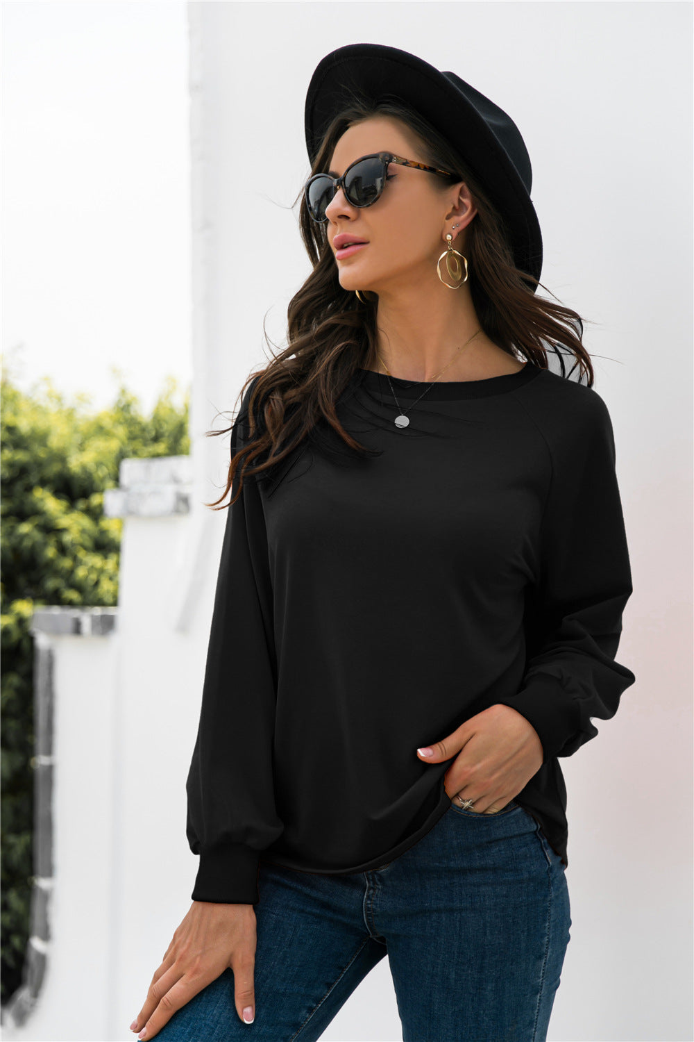 Round Neck Raglan Sleeve Sweatshirt-Teresa&#39;s Fashionista LLC