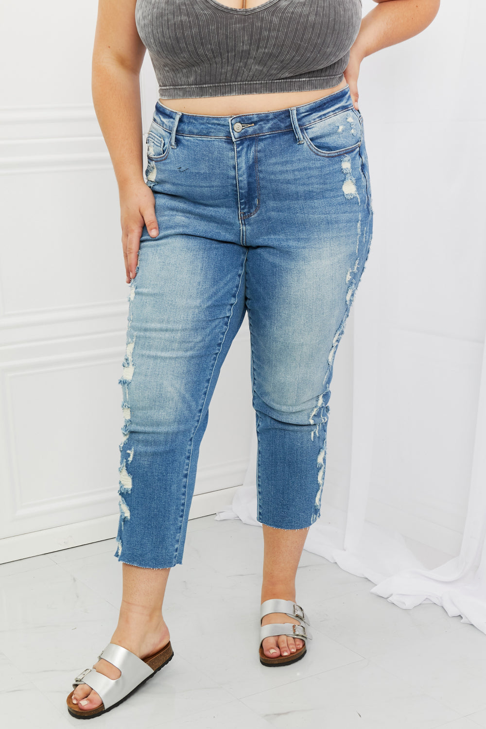 Judy Blue Laila Full Size Straight Leg Distressed Jeans-Teresa&#39;s Fashionista LLC