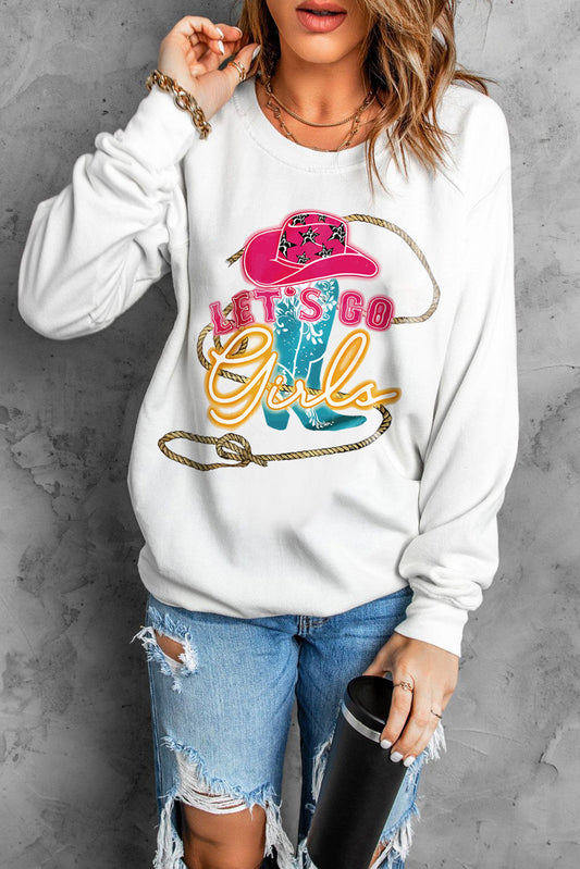 LET'S GO GIRLS Graphic Round Neck Sweatshirt-Teresa&#39;s Fashionista LLC