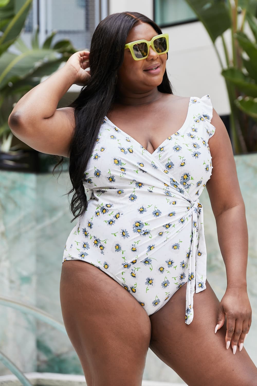 Marina West Swim Float On Ruffle Faux Wrap One-Piece in Daisy Cream-Teresa&#39;s Fashionista LLC