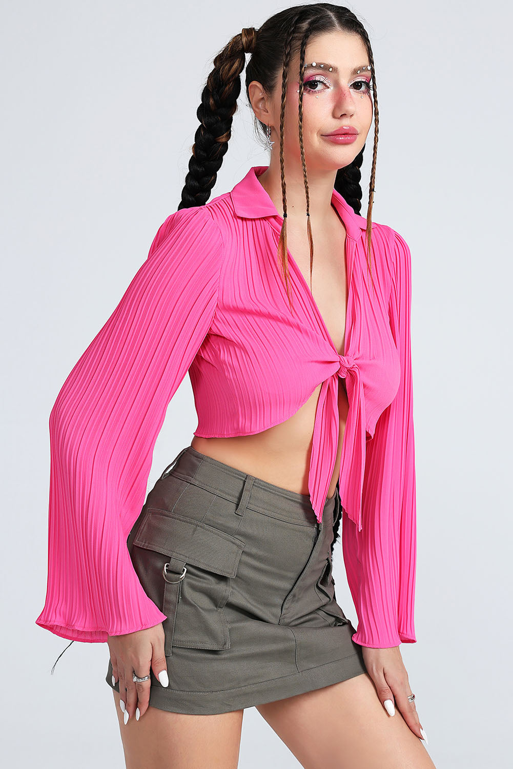 Tie Front Johnny Collar Flare Sleeve Cropped Top-Teresa&#39;s Fashionista LLC