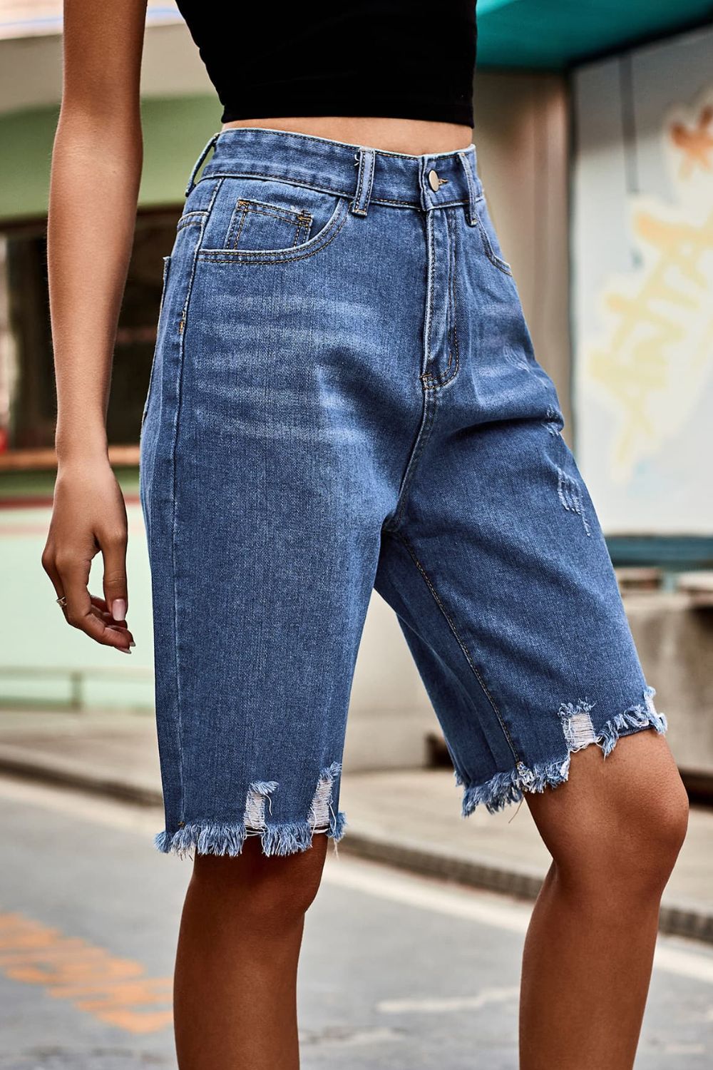 Raw Hem High Waist Denim Shorts with Pockets-Teresa&#39;s Fashionista LLC