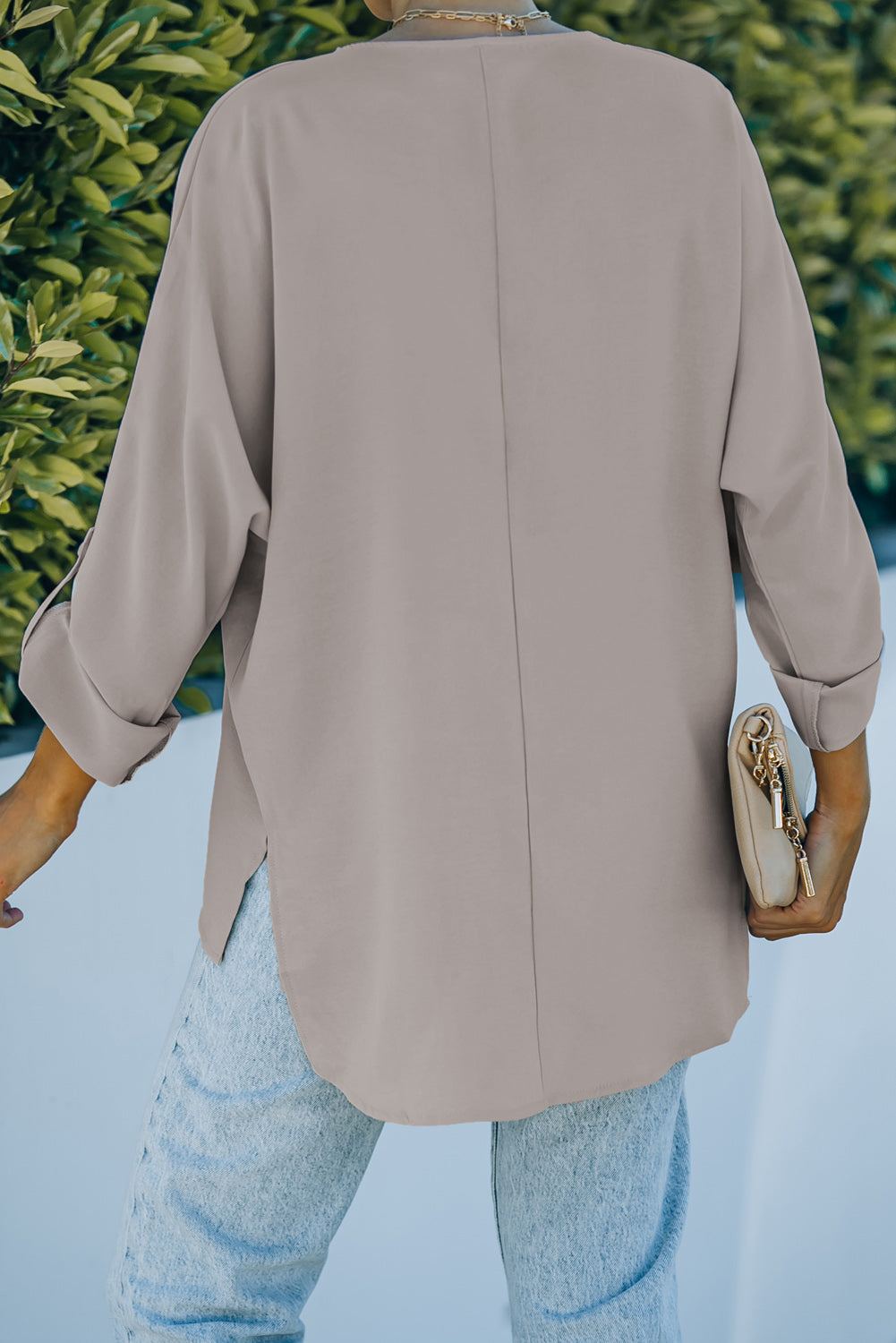 V-Neck Roll-Tab Sleeve Blouse-Teresa&#39;s Fashionista LLC