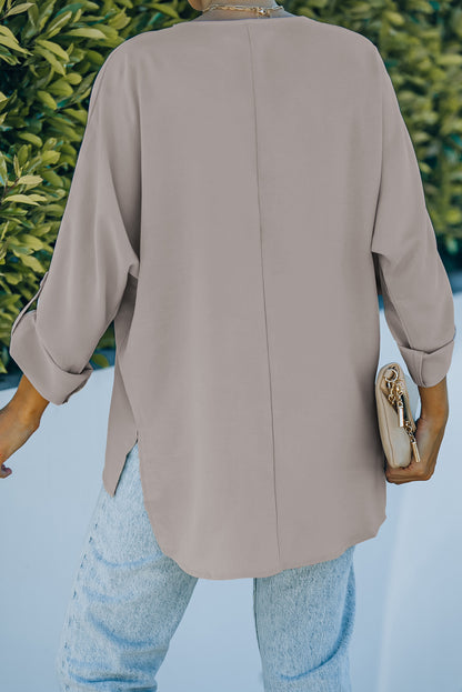 V-Neck Roll-Tab Sleeve Blouse-Teresa&#39;s Fashionista LLC