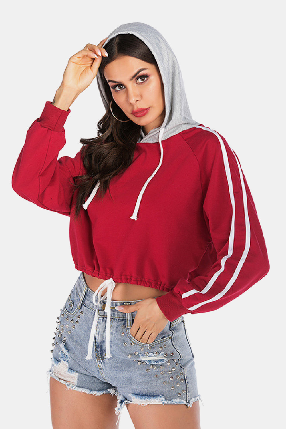 Full Size Side Stripe Drawstring Hem Cropped Hoodie-Teresa&#39;s Fashionista LLC