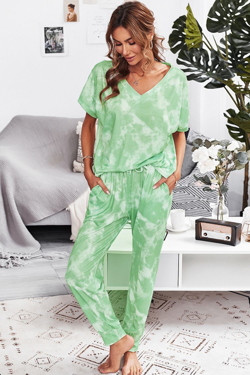 Tie-Dye V-Neck Tee and Joggers Lounge Set-Teresa&#39;s Fashionista LLC