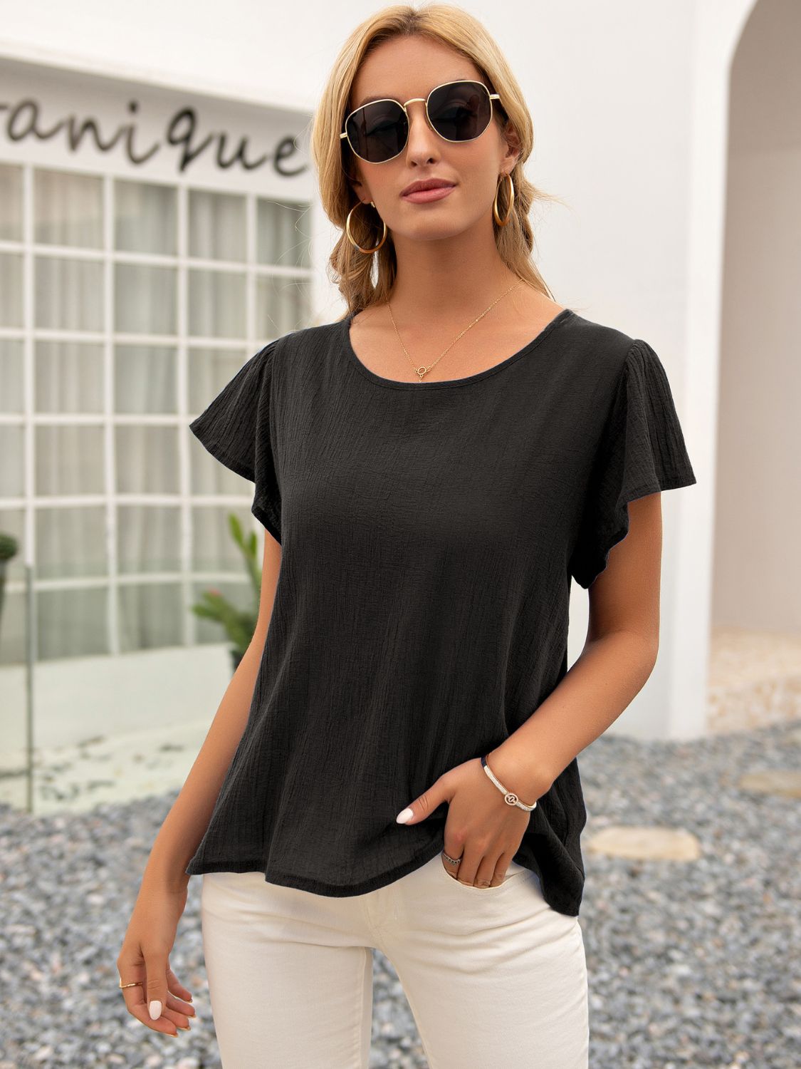 Round Neck Cutout Tie Back Top-Teresa&#39;s Fashionista LLC