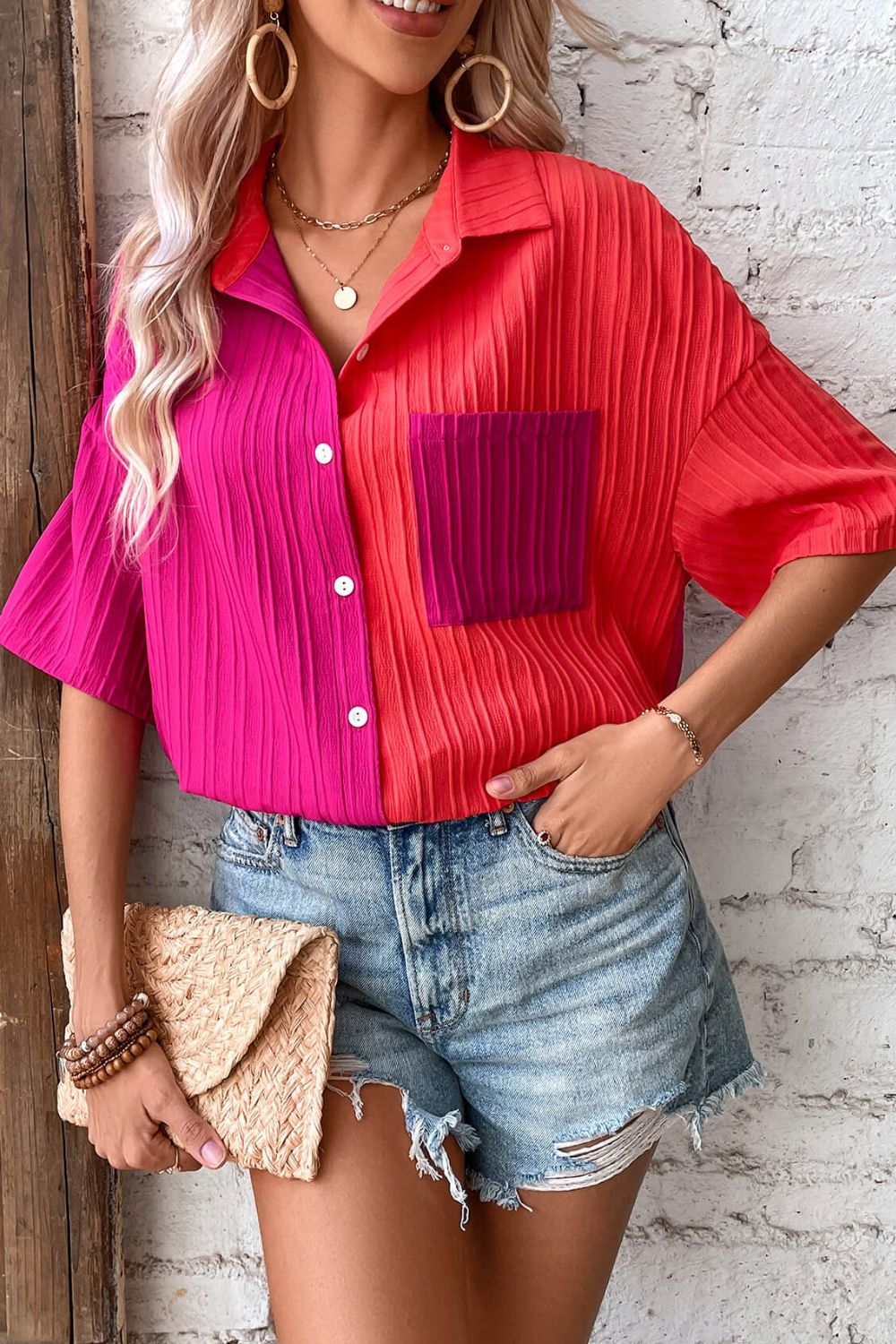 Two-Tone Button Front Dropped Shoulder Shirt-Teresa&#39;s Fashionista LLC