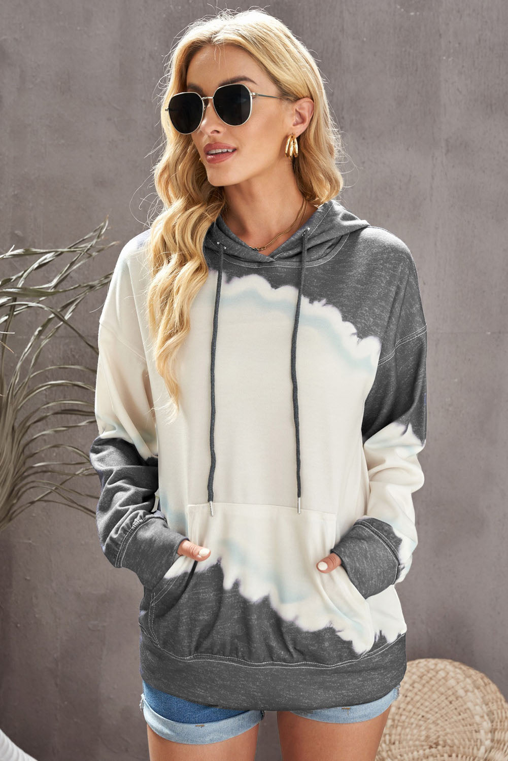 Tie-Dye Color Block Drawstring Hoodie-Teresa&#39;s Fashionista LLC