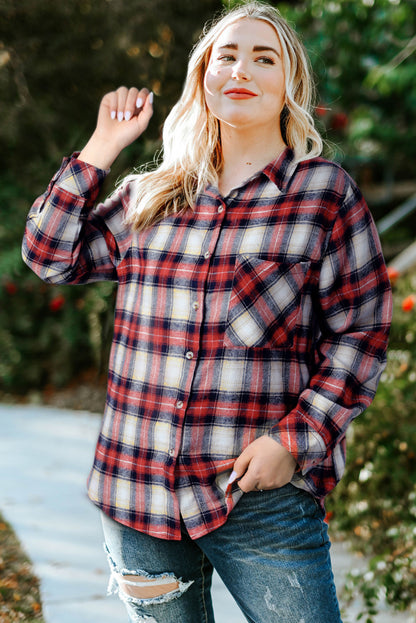 Plus Size Plaid Collared Neck Shirt-Teresa&#39;s Fashionista LLC