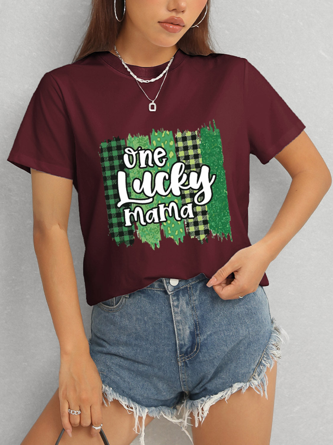 ONE LUCKY MAMA Round Neck T-Shirt-Teresa&#39;s Fashionista LLC