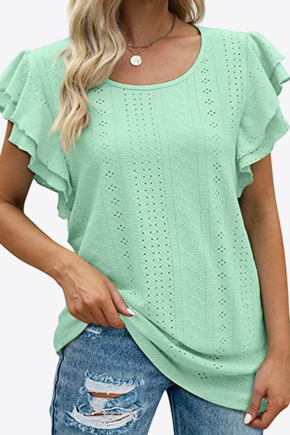 Round Neck Layered Flutter Sleeve Blouse-Teresa&#39;s Fashionista LLC