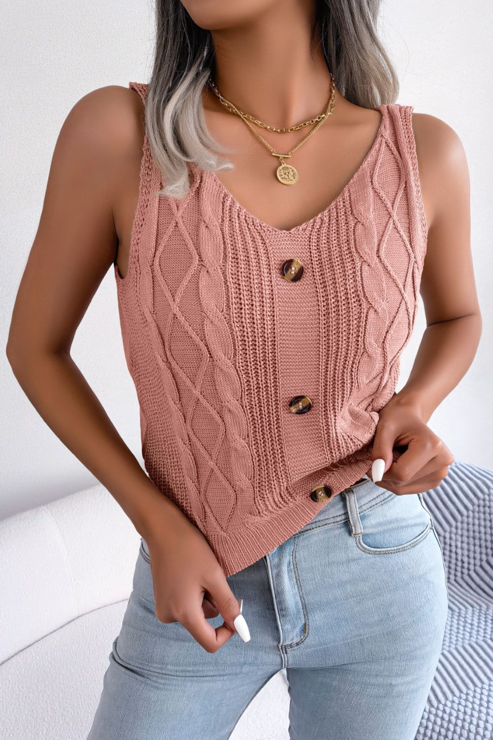 Decorative Button Mixed Knit Tank-Teresa&#39;s Fashionista LLC