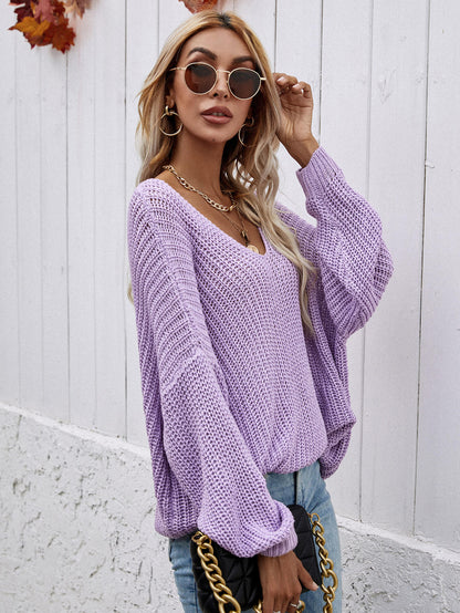 Rib-Knit Drop Shoulder V-Neck Pullover Sweater-Teresa&#39;s Fashionista LLC