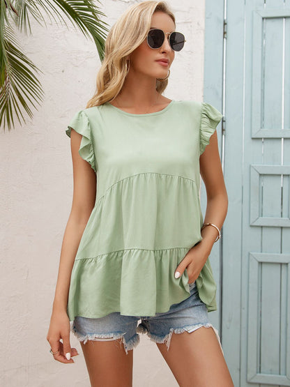 Round Neck Flutter Sleeve Tiered Blouse-Teresa&#39;s Fashionista LLC