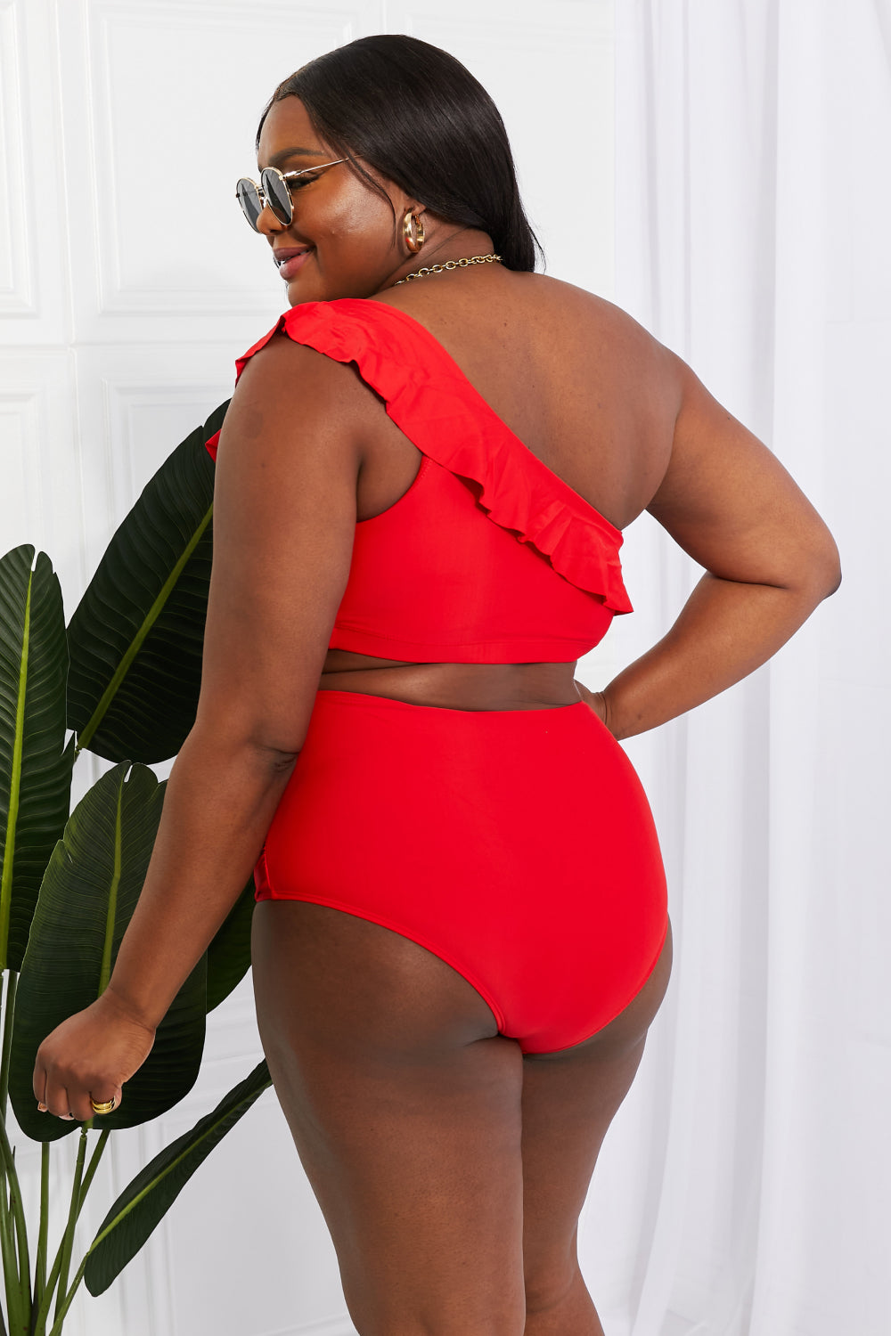 Marina West Swim Seaside Romance Ruffle One-Shoulder Bikini in Red-Teresa&#39;s Fashionista LLC