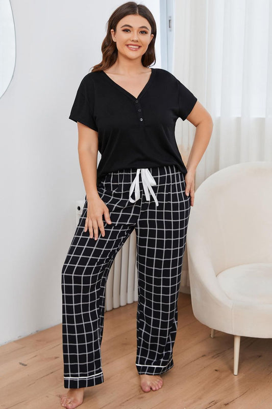 Plus Size V-Neck Top and Plaid Pants Lounge Set-Teresa&#39;s Fashionista LLC