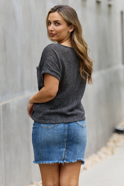 e.Luna Full Size Chunky Knit Short Sleeve Top in Gray-Teresa&#39;s Fashionista LLC