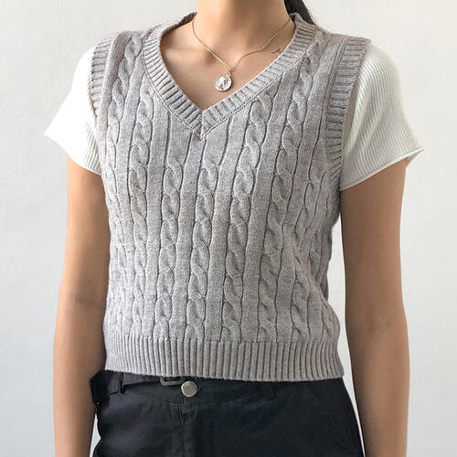 Cable-knit V-Neck Sweater Vest-Teresa&#39;s Fashionista LLC