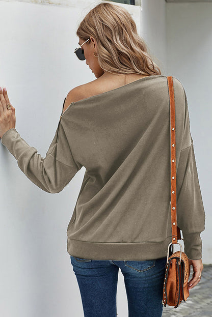 Zipper Detail Boat Neck Dropped Shoulder Sweatshirt-Teresa&#39;s Fashionista LLC