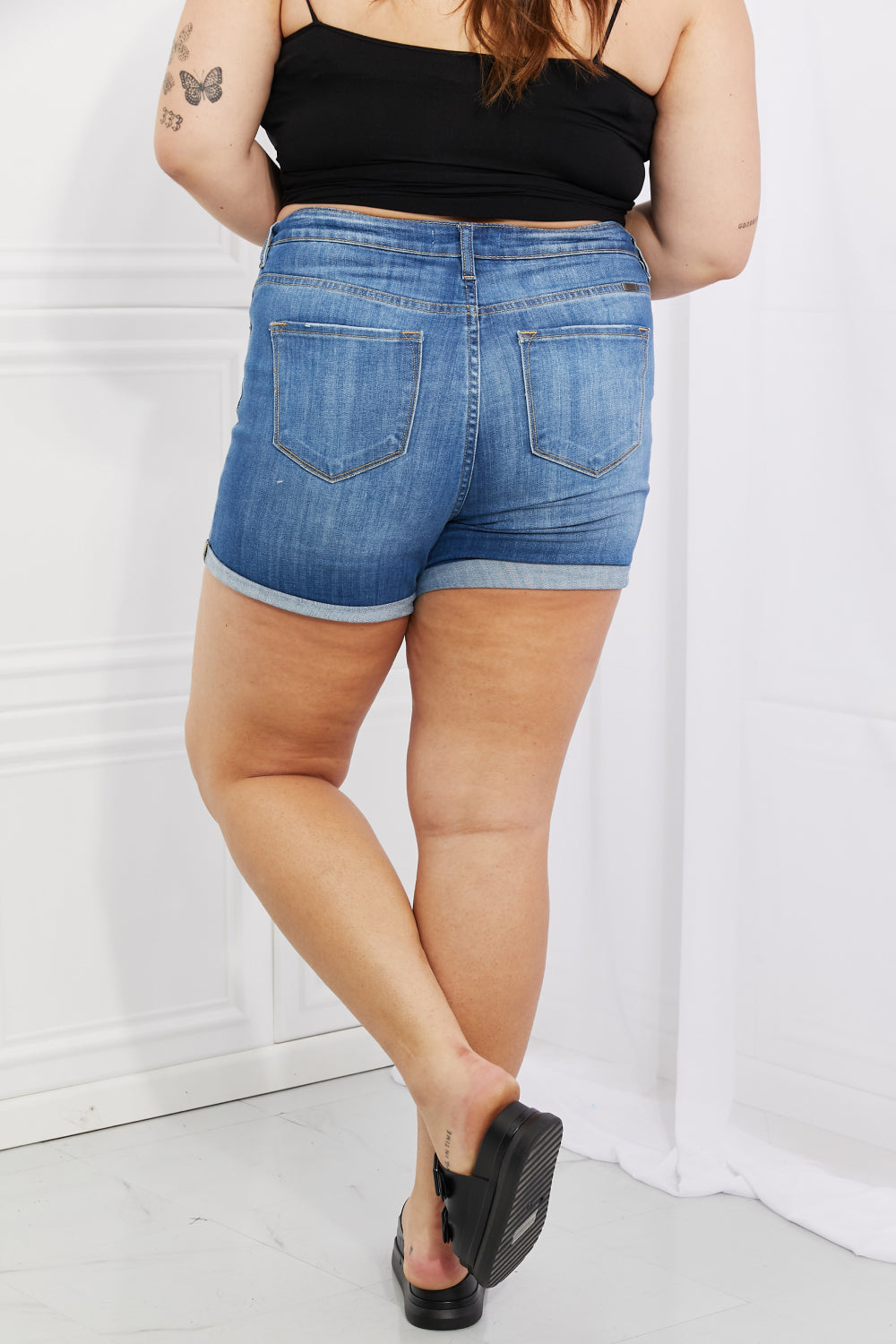 Kancan Full Size High Rise Medium Stone Wash Denim Shorts-Teresa&#39;s Fashionista LLC