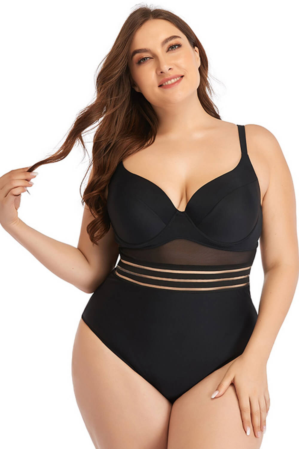 Plus Size Spliced Mesh Tie-Back One-Piece Swimsuit-Teresa&#39;s Fashionista LLC