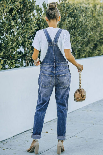 Pocketed Distressed Denim Overalls-Teresa&#39;s Fashionista LLC