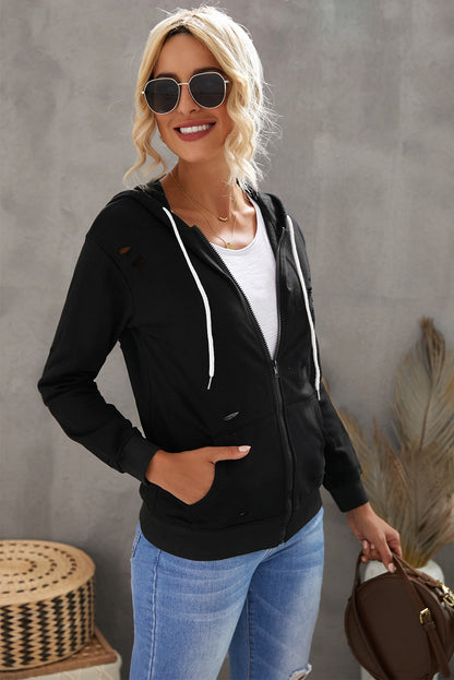 Distressed Zip Up Drawstring Detail Hoodie-Teresa&#39;s Fashionista LLC