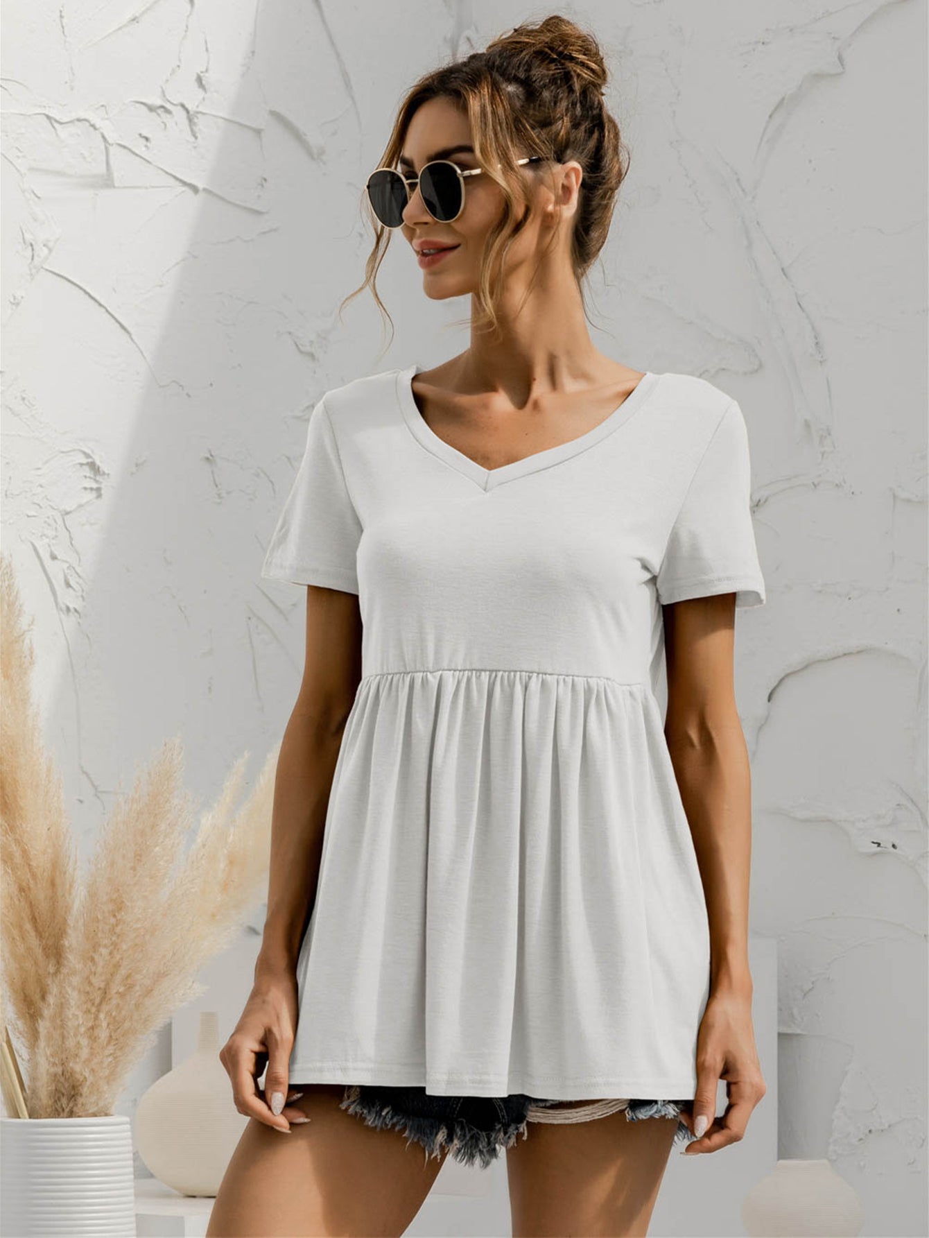 V-Neck Short Sleeve Babydoll Top-Teresa&#39;s Fashionista LLC