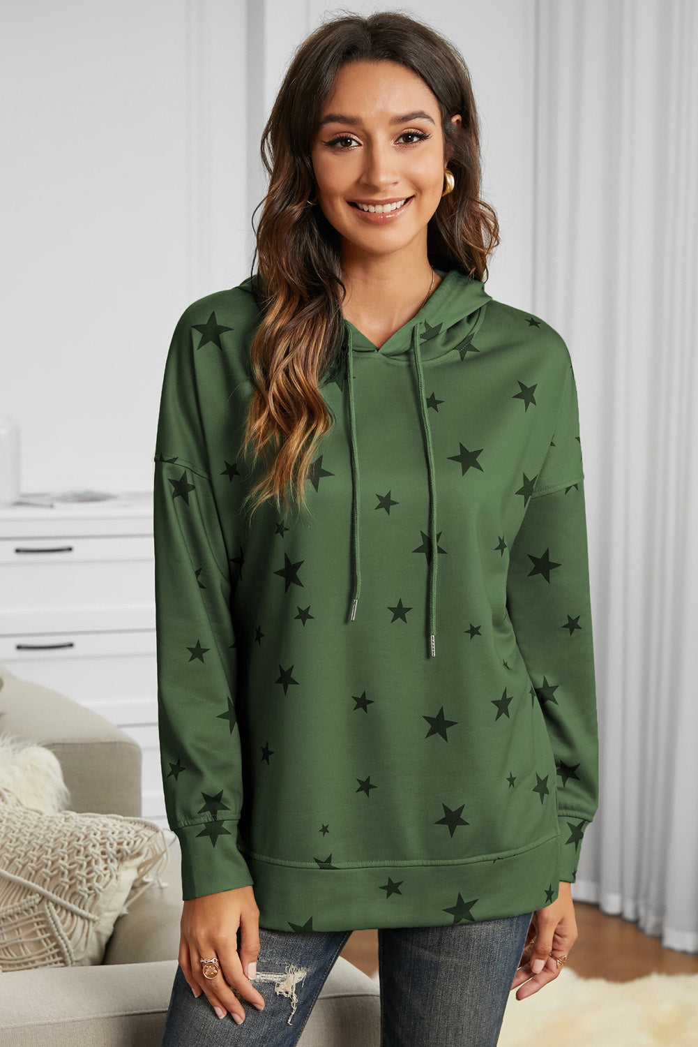 Star Print Drawstring Detail Hoodie-Teresa&#39;s Fashionista LLC