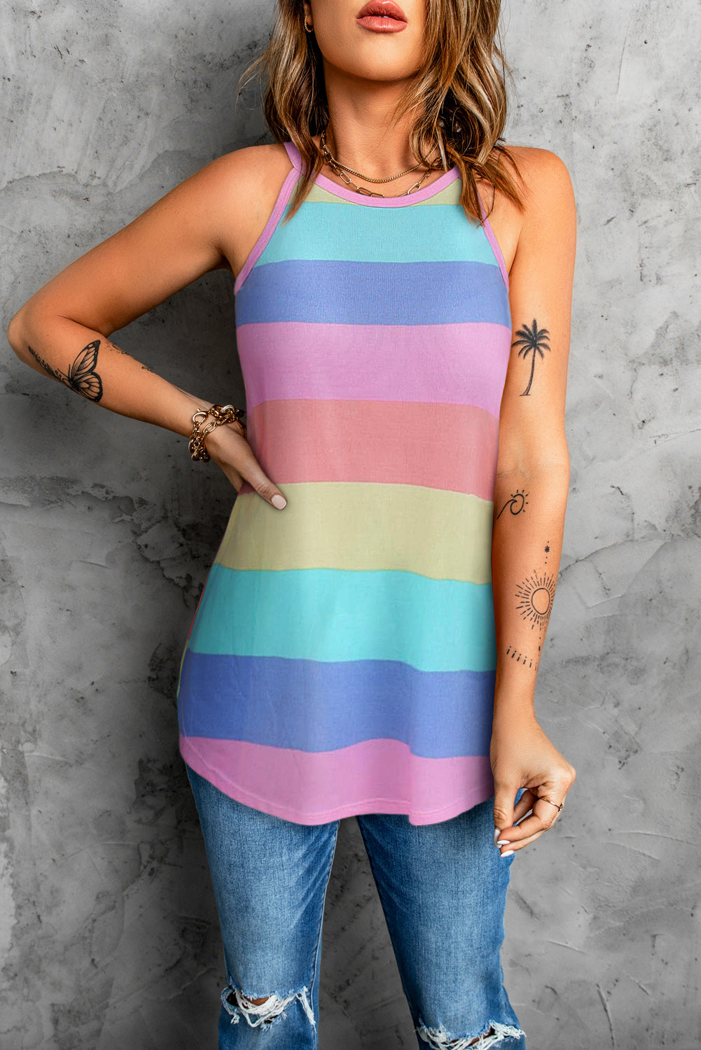 Striped Curved Hem Tank-Teresa&#39;s Fashionista LLC