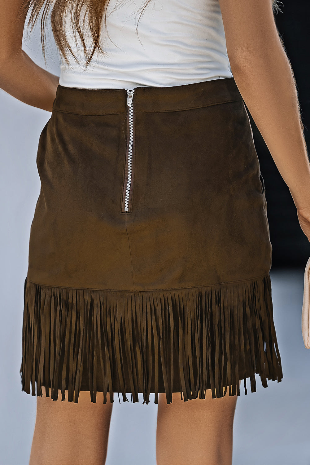 Fringe Detail Zip-Back Skirt with Pockets-Teresa&#39;s Fashionista LLC