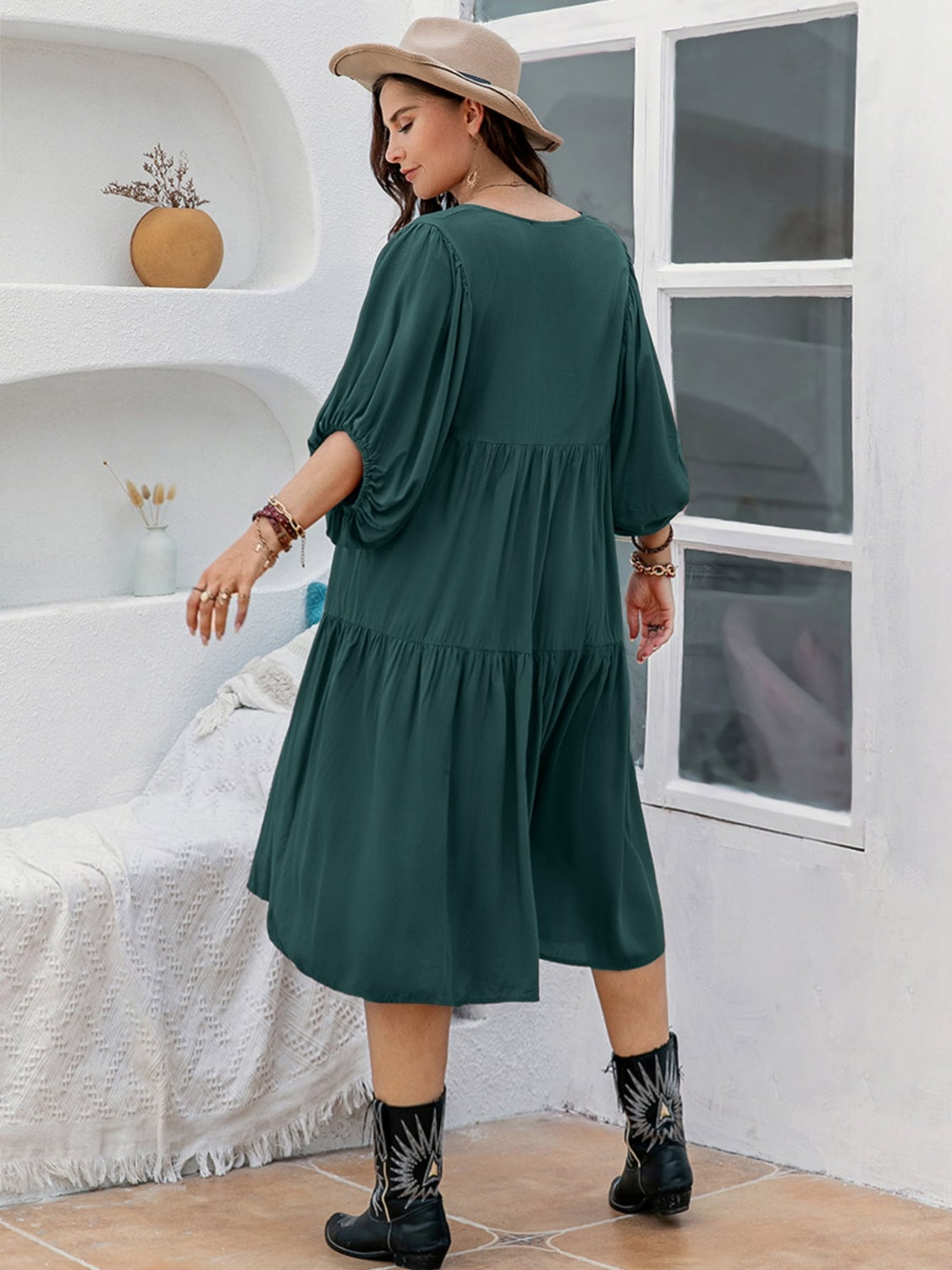 Plus Size Tie Neck Balloon Sleeve Midi Dress-Teresa&#39;s Fashionista LLC