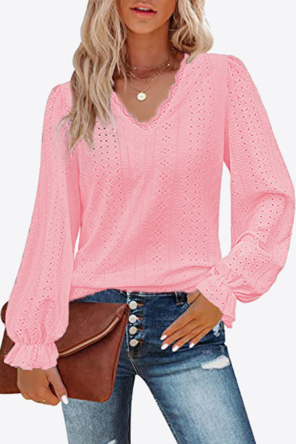 Eyelet V-Neck Flounce Sleeve Blouse-Teresa&#39;s Fashionista LLC