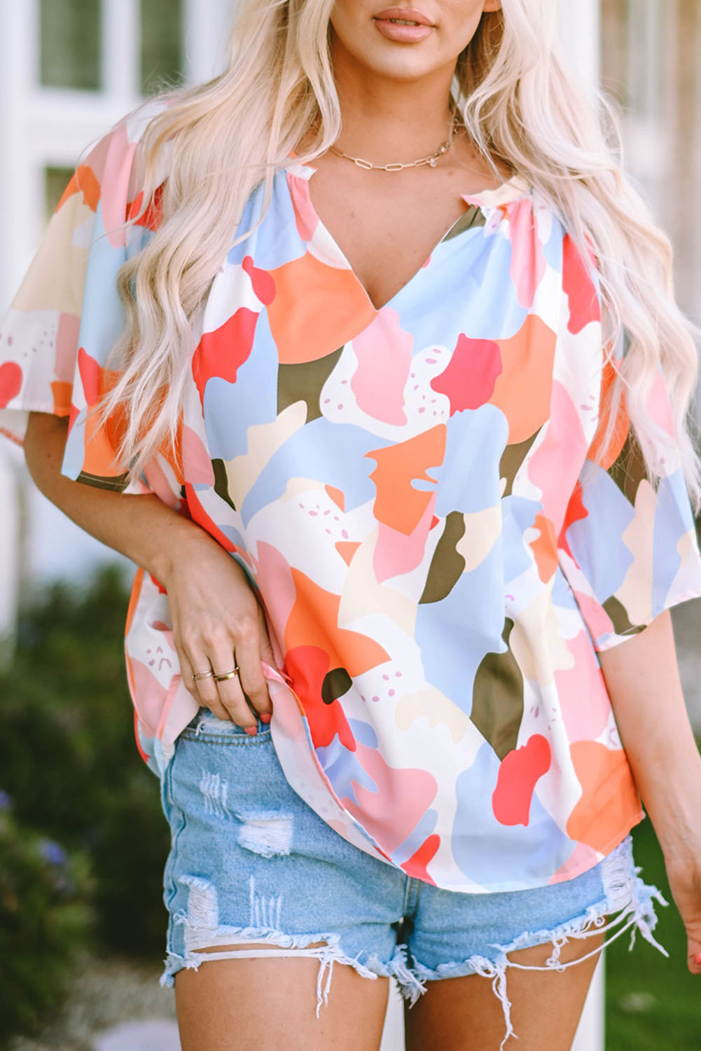 Printed Notched Neck Half Sleeve Blouse-Teresa&#39;s Fashionista LLC