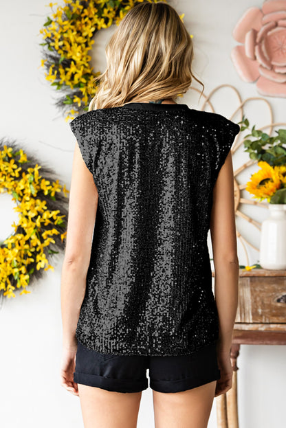 Sequin Round Neck Capped Sleeve Tank-Teresa&#39;s Fashionista LLC