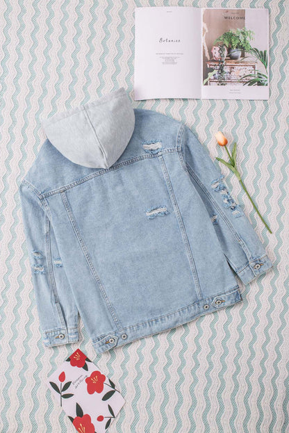 Distressed Hooded Denim Jacket-Teresa&#39;s Fashionista LLC