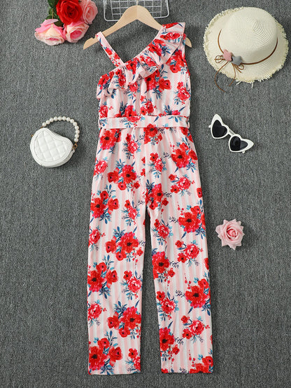 Floral Asymmetrical Neck Tie Belt Jumpsuit-Teresa&#39;s Fashionista LLC