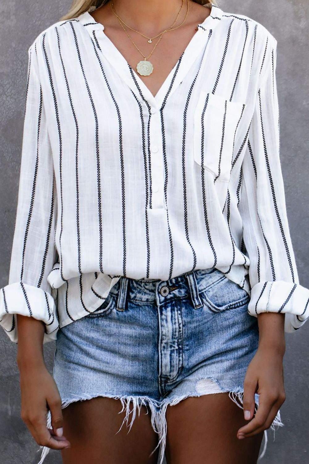 Striped V-Neck High-Low Shirt with Breast Pocket-Teresa&#39;s Fashionista LLC