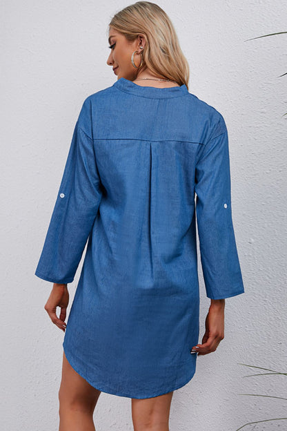 Half-Button Notched Neck High-Low Denim Dress-Teresa&#39;s Fashionista LLC