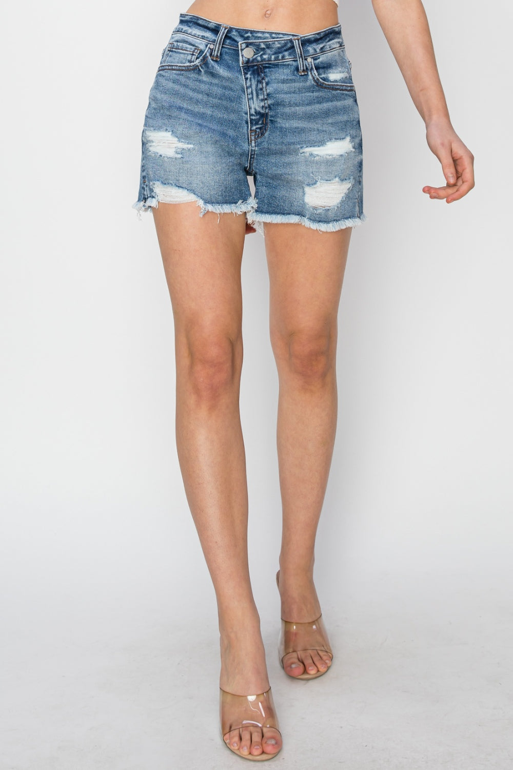 RISEN Stepped Waist Frayed Denim Shorts-Teresa&#39;s Fashionista LLC