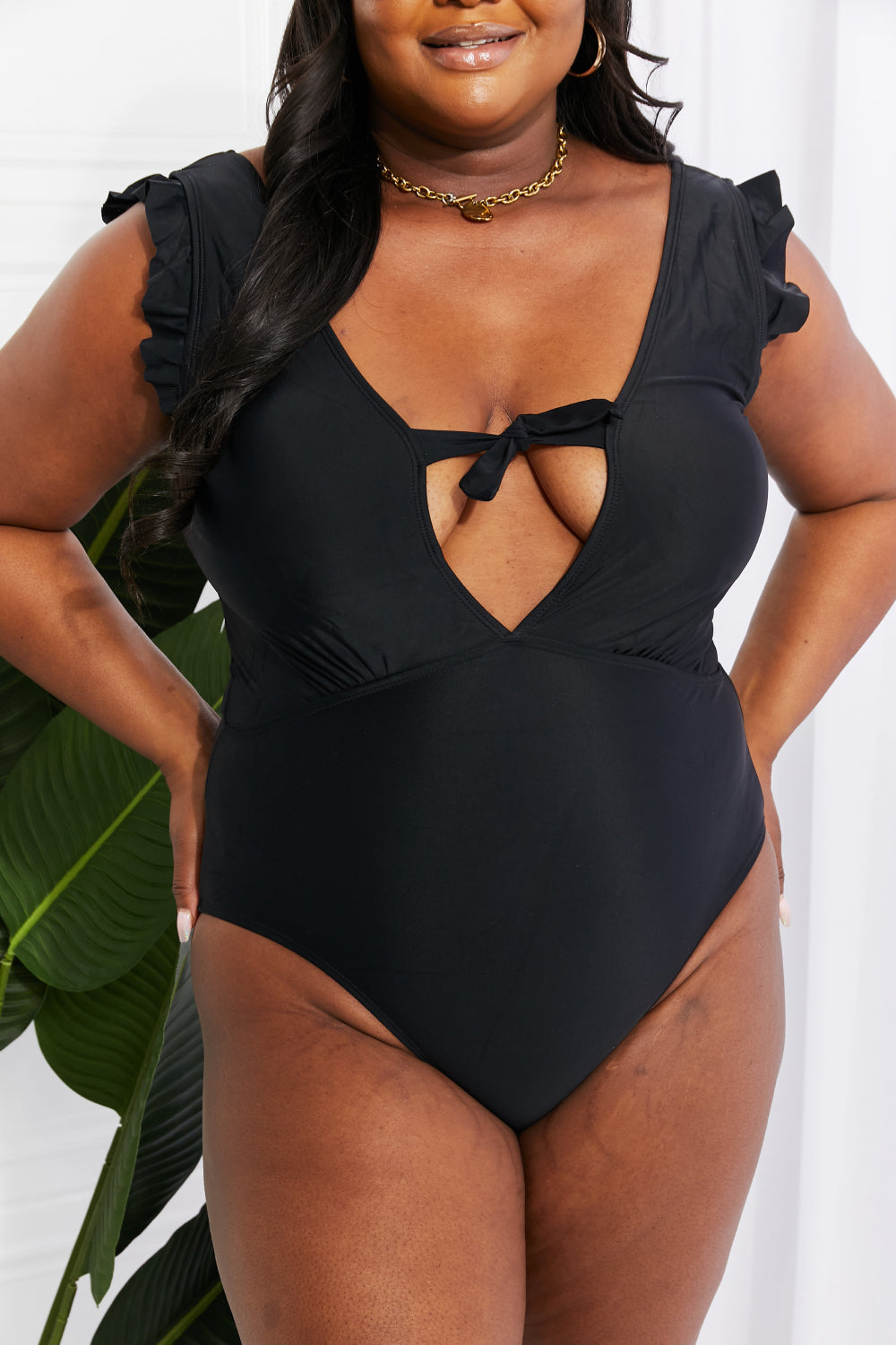 Marina West Swim Seashell Ruffle Sleeve One-Piece in Black-Teresa&#39;s Fashionista LLC