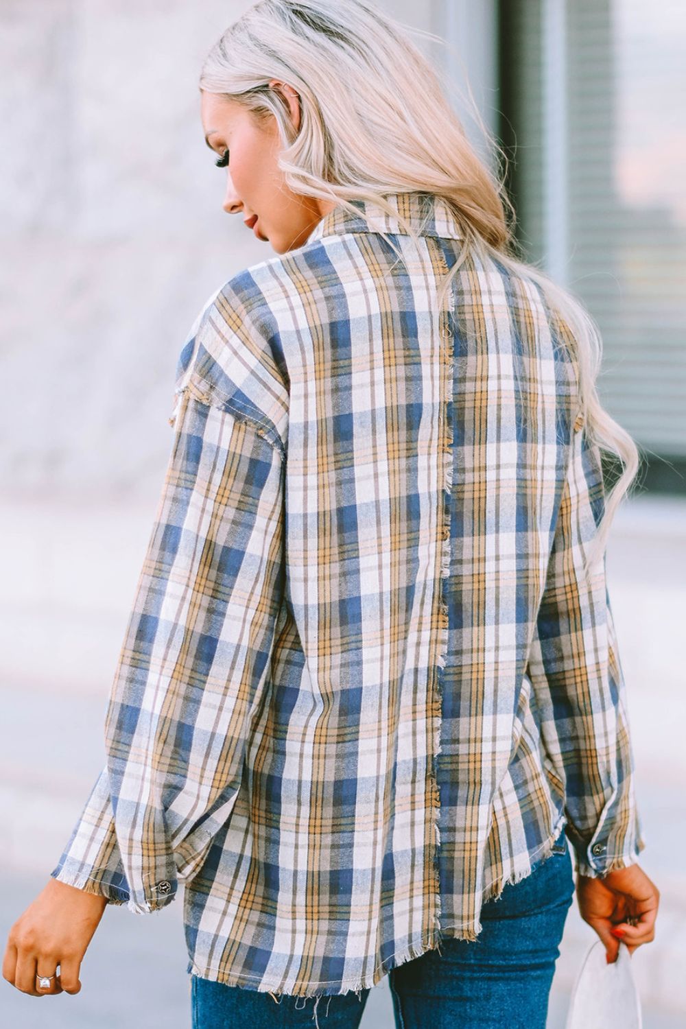 Plaid Raw Hem Dropped Shoulder Johnny Collar Shirt-Teresa&#39;s Fashionista LLC