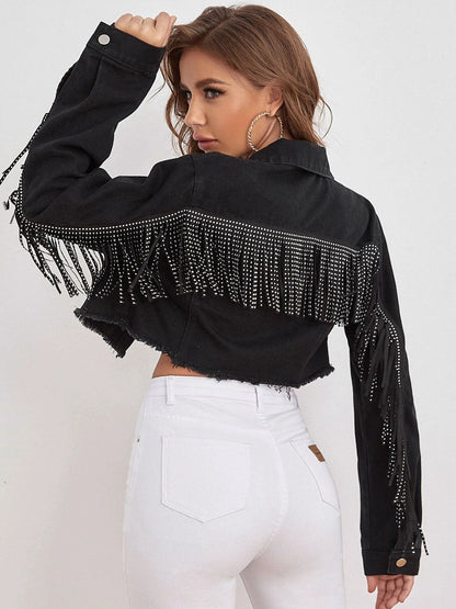 Fringe Detail Collared Neck Cropped Denim Jacket-Teresa&#39;s Fashionista LLC