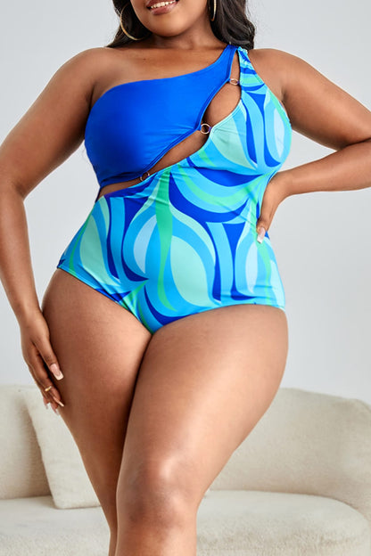 Plus Size Printed Ring Detail One-Shoulder One-Piece Swimsuit-Teresa&#39;s Fashionista LLC