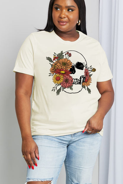 Simply Love Full Size Flower Skull Graphic Cotton Tee-Teresa&#39;s Fashionista LLC