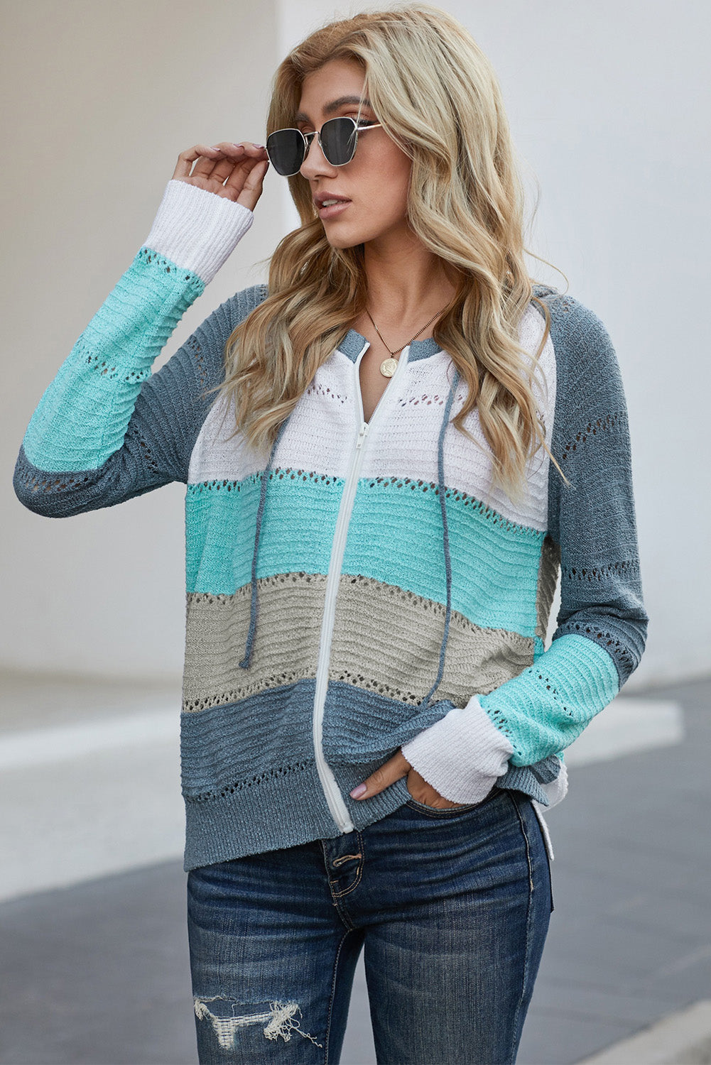 Zip-Up Raglan Sleeve Openwork Hooded Cardigan-Teresa&#39;s Fashionista LLC