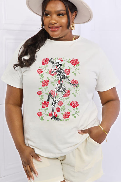 Simply Love Full Size Skeleton & Rose Graphic Cotton Tee-Teresa&#39;s Fashionista LLC